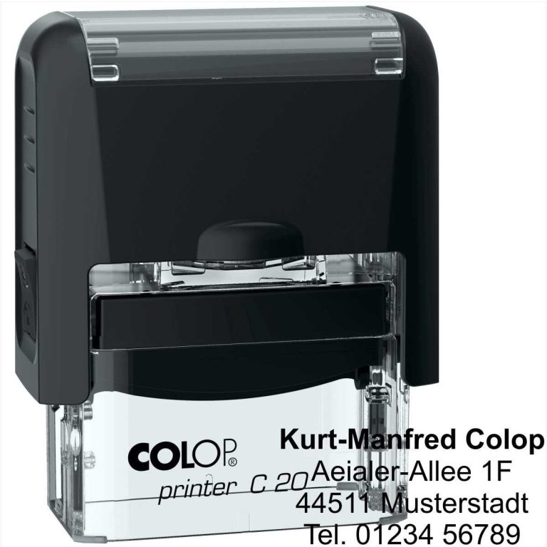 Stempel mit transparentem Gehäuse und Logo, geeignet für Geschäftsverwendung.