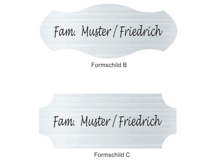 Namensschilder für die Familie Muster/Friedrich in zwei verschiedenen Stilen.