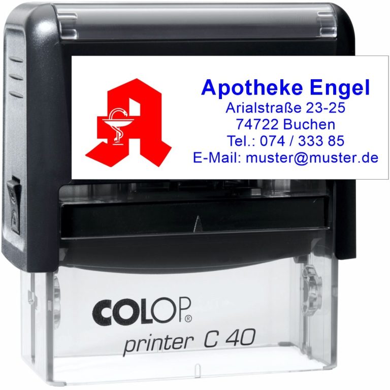 Stempel mit dem Namen „Apotheke Engel“ und Kontaktdaten auf einem weißen Hintergrund.