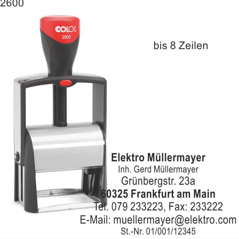 Stempel mit Kontaktinformationen und Logo Colop