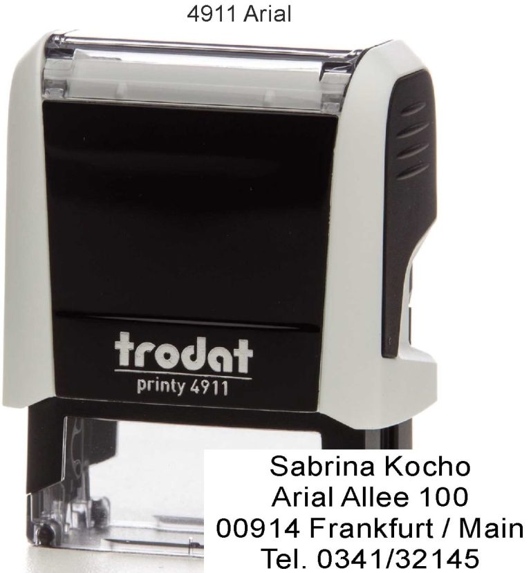 Stempel mit schwarzer Farbe, Adresse und Kontaktdaten. Markenzeichen "trodat".