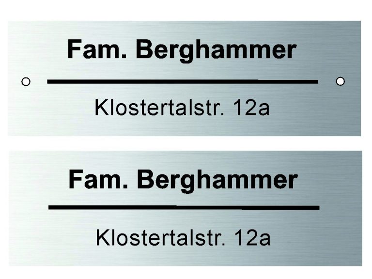 Schilder Edelstahl Schild mit dem Namen "Fam. Berghammer" und der Adresse