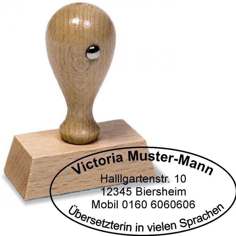 Holzstempel mit Name, Adresse und Kontaktinformationen