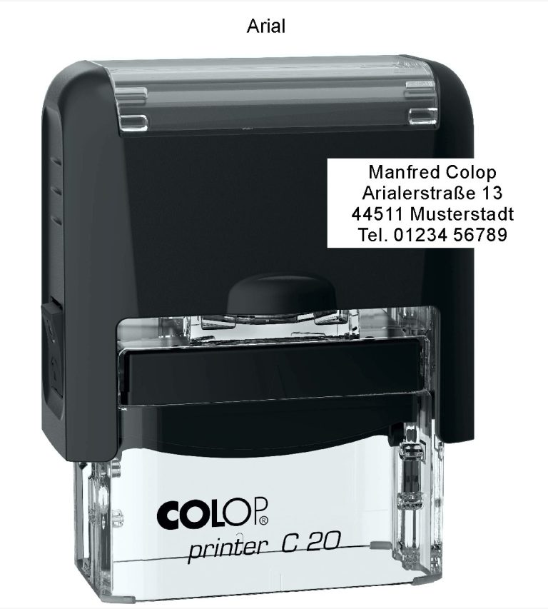 Stempel mit transparentem Fuß und schwarzer Kappe, für Adressangaben.