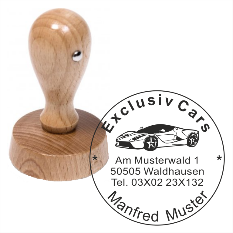 Holzstempel mit dem Text Logo und Kontaktdaten.