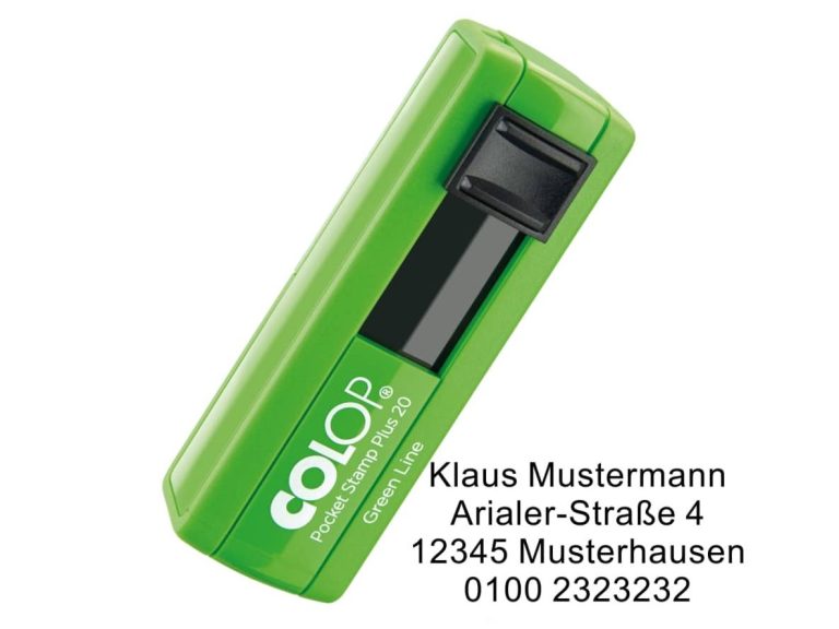 Grüner Pocket Stamp mit Aufschrift "COLOP" und Kontaktdaten.