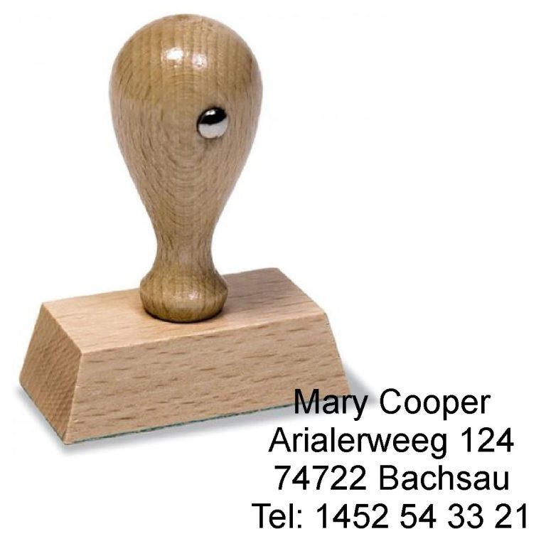 Holzstempel mit runder Knopfform auf rechteckiger Basis, enthält Kontaktdaten.