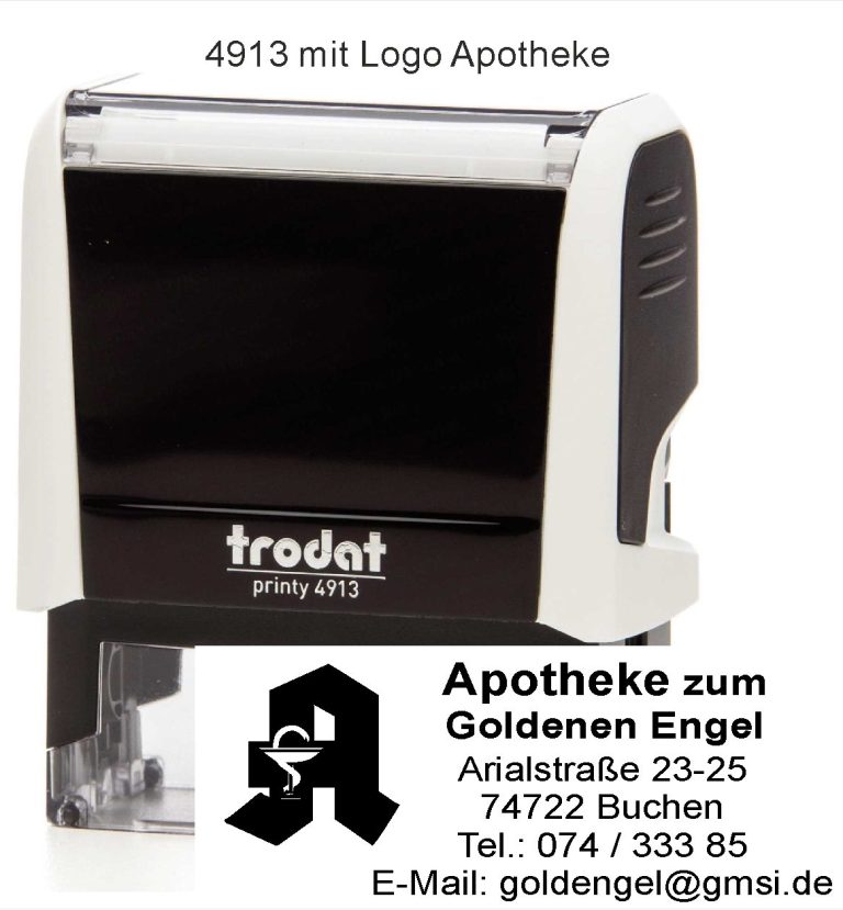 Stempel mit dem Logo der „Apotheke zum Goldenen Engel“ in Buchen.