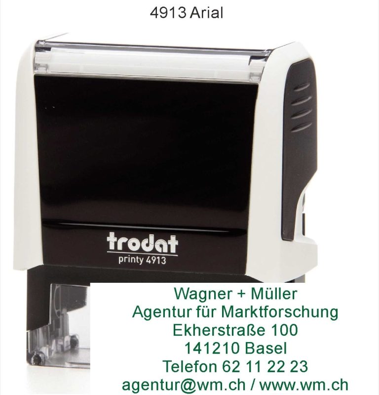 Stempel mit schwarzem Gehäuse und weißem Deckel, beschriftet mit Kontaktdaten.